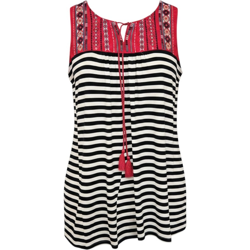 New rxb Sleeveless Embroidered Tassel Striped Knit Top Navy Red White Large